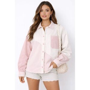 Bershka 100% Cotton Pink & White Color Block Oversized Denim Jacket